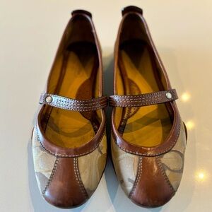 Coach Brown Leather & Tan Signature Canvas Mary Jane Flats